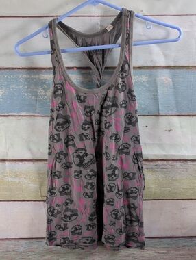 Abbey Dawn Skull Print Racerback Tank Top in Gray and Pink